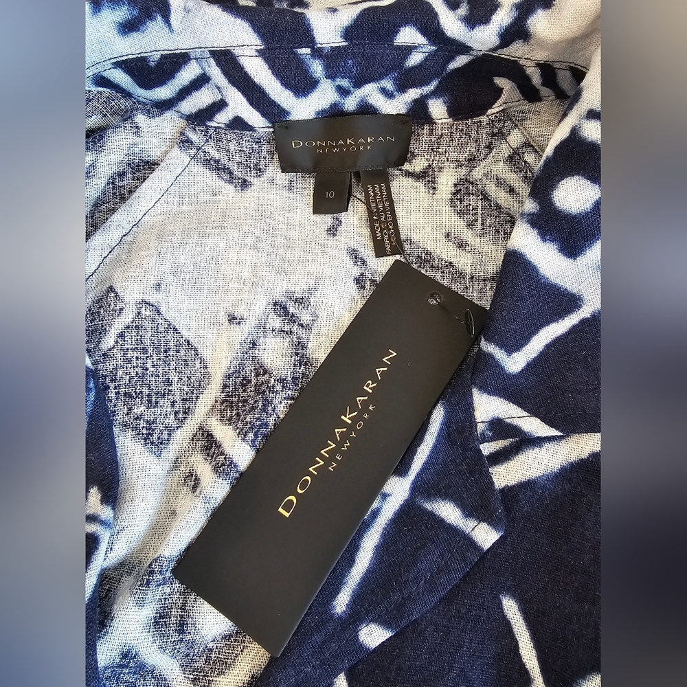NWT Donna Karan Navy & Whitelinen Blend Midi Shirt Dress Women's Size 10 - Picture 2 of 8